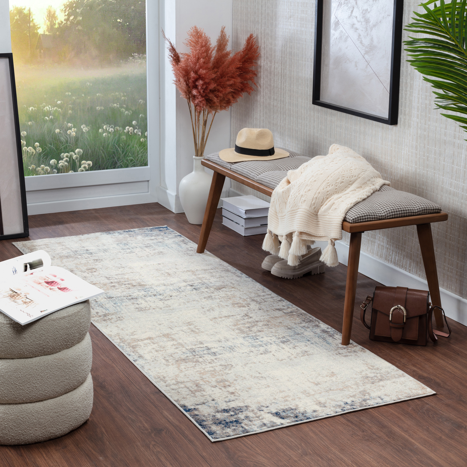 SURYA Tapis De Couloir à Poils Courts Et Doux Abstrait Moderne Ivoire Et Bleu 80x150 Cm 12 Ambient Photo